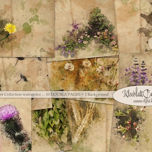 Summer Collection Watercolor, junk journal digital paper, summer plants digital stationery, printable decorative paper DIY
