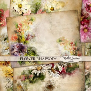 Könnte beinhalten: Eine digitale Collage aus Aquarell-Blumenillustrationen auf einem Vintage-Hintergrund. Die Collage zeigt verschiedene Blumen, darunter Gänseblümchen, Kosmeen und andere Blüten in Rosa-, Weiß- und Lilatönen. Der Text "FLOWER RHAPSODY" und "Kleeblatt Creations - printable" ist im Bild sichtbar.