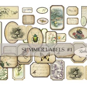 Könnte beinhalten: Ein Set mit 24 druckbaren Etiketten im Vintage-Stil mit sommerlichem Thema. Die Etiketten zeigen Illustrationen von Vögeln, Schmetterlingen, Blumen, Insekten und anderen naturinspirierten Designs. Die Etiketten sind perfekt, um Ihren Bastelarbeiten, Geschenken und Ihrer Inneneinrichtung einen Hauch von Vintage-Charme zu verleihen.