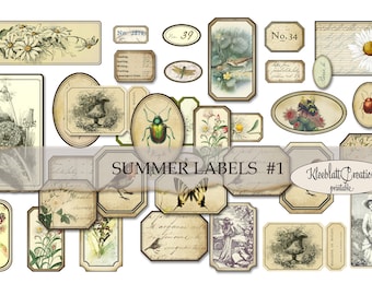 SUMMER LABELS #1, Ephemera, Embellishments, Junk Journal, Digital Stickers, Collage Elements, Fussy Cut, Collage Sheet, Paper printable
