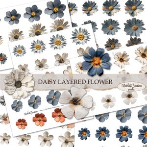 Könnte beinhalten: Eine Auswahl an geschichteten Papier-Gänseblümchen in verschiedenen Farben, darunter Blau, Weiß und Orange. Einige Blumen haben eine Vintage-Buchseiten-Textur. Der Text "DAISY LAYERED FLOWER" ist auf einem Banner zu sehen.