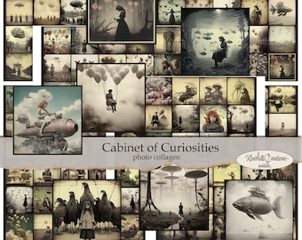 May include: A vintage-style photo collage titled "Cabinet of Curiosities" with a variety of surreal and whimsical images. The collage features images of flying machines, underwater scenes, and people in unusual situations.