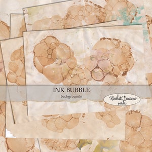 May include: A set of six printable digital paper backgrounds featuring brown ink bubble patterns on a cream-colored background.  INK BUBBLE backgrounds - Kleeblatt Creations - printable.