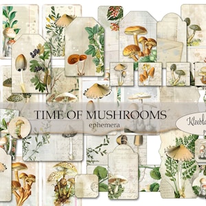 TIME of MUSHROOMS Ephemera, Junk Journal Embellissements, Autocollants numériques, Éléments imprimables d’automne, Coupe difficile, Feuille de collage,