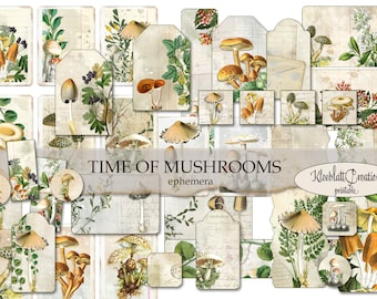 TIME of MUSHROOMS Ephemera, Junk Journal Embellishments, Digital Sticker, Autumn Printable Elements, Fussy Cut, Collage Sheet,