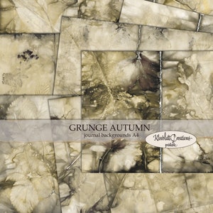 Könnte beinhalten: Eine Collage aus 10 Grunge-Herbst-Journal-Hintergründen in Braun-, Beige- und Schwarztönen. Die Hintergründe zeigen gepresste Blätter und Blumen und schaffen eine rustikale und organische Ästhetik. Der Text "GRUNGE AUTUMN journal backgrounds A4" und "Kleeblatt Creations - printable" ist am unteren Rand des Bildes sichtbar.