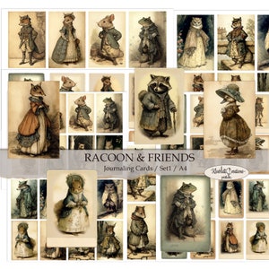 RACOON and FRIENDS - Set 1, Journaling Cards, 21x29.7 Printable Journal Ephemera, Embellissements, Collage Elements, Paper Craft, DIY