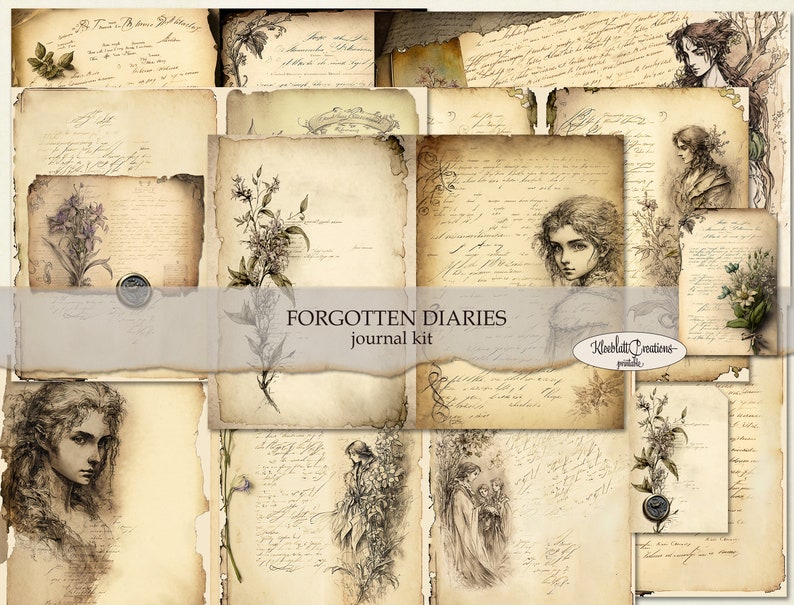 Puede incluir: Un kit de collage digital con texturas de papel vintage, texto escrito a mano e ilustraciones florales. El kit se titula "Forgotten Diaries Journal Kit" e incluye una variedad de im&aacute;genes para scrapbooking, journaling y otros proyectos creativos.