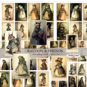 RACOON and FRIENDS - zestaw 2, karty do pamiętnika, 21x29,7 efemerydy dziennika do druku, ozdoby, elementy kolażu, prace wykonane z papieru, majsterkowanie