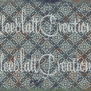 May include: A seamless digital paper pattern with a distressed, vintage look. The pattern features a repeating design of white and blue floral motifs on a dark blue background. The pattern is perfect for scrapbooking, card making, and other craft projects.