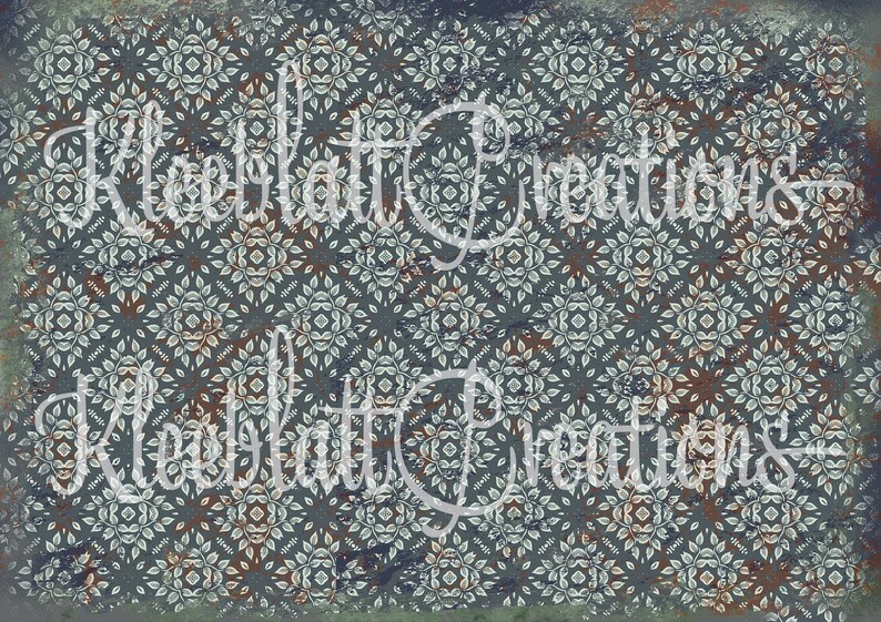 May include: A seamless digital paper pattern with a distressed, vintage look. The pattern features a repeating design of white and blue floral motifs on a dark blue background. The pattern is perfect for scrapbooking, card making, and other craft projects.