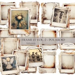May include: A collection of vintage-style Polaroid frames with torn edges. The frames contain various images, including a person with an umbrella, a whimsical figure with flowers, and children by a fence. The text "FRAME IT VOL.:2 - POLAROID" is visible.