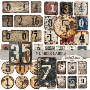NUMMERLABELS grungy vintage etiketten, nummeretiketten, ephemera, collage-elementen, plakboek, afdrukbare pagina's, digitale download
