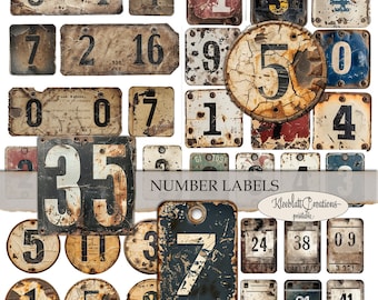 NUMBER LABELS grungy vintage labels, number labels, ephemera, collage elements, scrapbook, printable pages, digital download