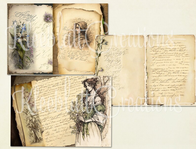 Puede incluir: Un collage digital de p&aacute;ginas de diario vintage con texto escrito a mano e ilustraciones de flores y una mujer en un entorno de bosque.