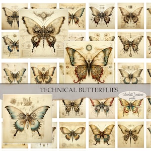 PAPILLONS TECHNIQUES Steampunk, Éphémères imprimables, Embellissements, Cartes de journalisation, Junk Journal, Papier numérique, Paper Craft (8,5x11 »)