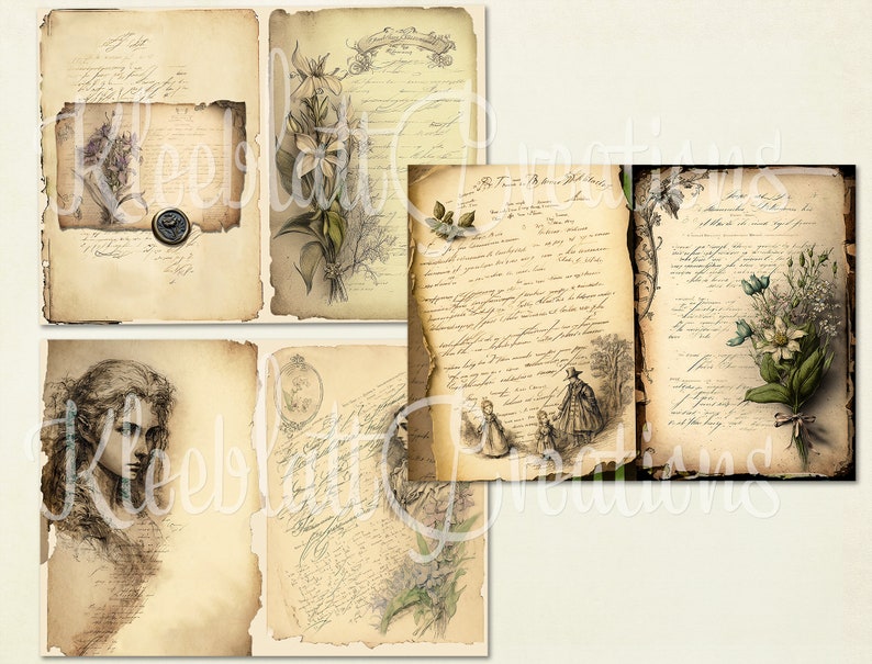 Puede incluir: Seis p&aacute;ginas de estilo vintage con texto escrito a mano e ilustraciones florales. Las p&aacute;ginas est&aacute;n envejecidas y tienen un aspecto desgastado. El texto est&aacute; en franc&eacute;s.