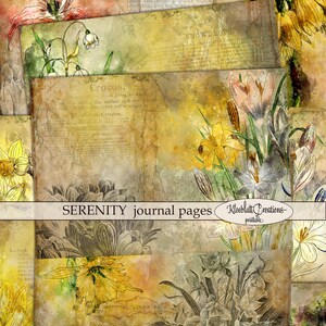 SERENITY Junk Journal Pagina's, Afdrukbare pagina's, Lentebloemen Digitale Bladen, Scrapbookpapier Geel, Bloemen, Papierpakket, Digitale Download
