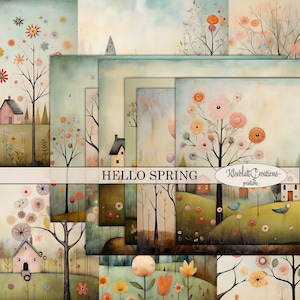HELLO SPRING Designblätter zum Ausdrucken, Scrapbook Papier, Seiten für Junk Journal, Frühling, Sommer und Ostern Thema, A4 Digital Download
