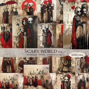 SCARY WORLD Vol:1 24 Designs surréalistes, 3 tailles, CU, Téléchargement numérique, Junk Journal, Cartes de journalisation, Artisanat en papier, Art numérique