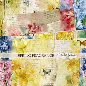 SPRING FRAGRANCE Junk Journal Kit, Flowers Digital Sheets, Scrapbook Paper, Floral Journaling, Botanical Pages, Tags, Printable Ephemera A4