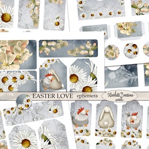 EASTER LOVE Ephemera , Bunny & Chicken Junk Journal Embellishments, Spring Printable Elements, Bullet Journal,  A4