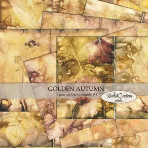 golden autumn junk journal pages, autumn leaves, printable kit, backing papers, collage papers, digital download, A4