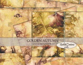golden autumn junk journal pages, autumn leaves, printable kit, backing papers, collage papers, digital download, A4