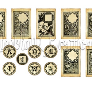 May include: A set of printable vintage style labels with ornate frames and floral designs. The labels are blank and can be used for a variety of purposes. The set also includes a set of circular labels with letters of the alphabet.