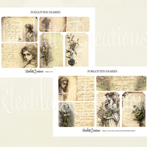 Puede incluir: Una hoja de collage digital con una est&eacute;tica vintage que presenta im&aacute;genes de mujeres, flores y texto escrito a mano. La hoja se titula "Forgotten Diaries" e incluye el texto "Kleeblatt Creations".