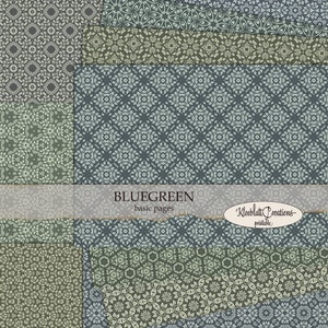 Op de afbeelding: Een digitaal papierpakket met 10 verschillende patronen in tinten blauw en groen. De patronen zijn ingewikkeld en bevatten een verscheidenheid aan geometrische vormen. De tekst "BLUEGREEN basic pages Kleeblatt Creations - printable" staat onderaan de afbeelding.