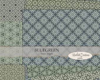 Puede incluir: Un paquete de papel digital con 10 patrones diferentes en tonos azules y verdes. Los patrones son intrincados y presentan una variedad de formas geométricas. El texto "BLUEGREEN basic pages Kleeblatt Creations - printable" está en la parte inferior de la imagen.