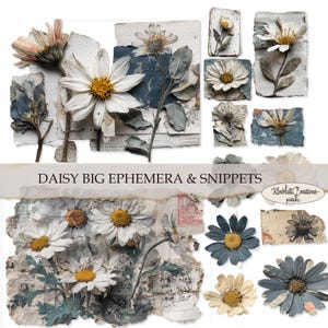 Puede incluir: Un collage de efímeras y fragmentos de margaritas. La imagen presenta varias flores de margarita en tonos blancos, amarillos y azules, dispuestas sobre papel rasgado y fondos de estilo vintage. El texto "DAISY BIG EPHEMERA & SNIPPETS" es visible.
