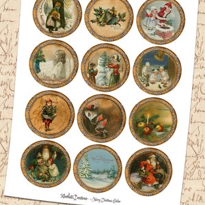 Pode incluir: Uma folha de 12 adesivos redondos com tema natalino de estilo vintage. Cada adesivo apresenta uma ilustra&ccedil;&atilde;o diferente, incluindo um boneco de neve, Papai Noel, uma cena de inverno e um sino. Os adesivos s&atilde;o impressos em um fundo branco com uma borda dourada.