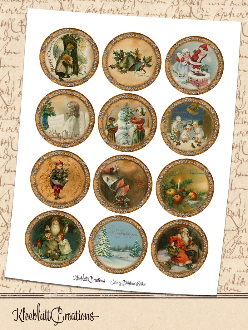 Pode incluir: Uma folha de 12 adesivos redondos com tema natalino de estilo vintage. Cada adesivo apresenta uma ilustra&ccedil;&atilde;o diferente, incluindo um boneco de neve, Papai Noel, uma cena de inverno e um sino. Os adesivos s&atilde;o impressos em um fundo branco com uma borda dourada.