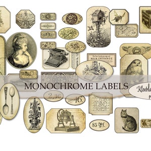 MONOCHROME LABELS, Embellishments, Junk Journal Digital Stickers, Bullet Stickers, Collage Elements, Fussy Cut, Collage Sheet, DIY