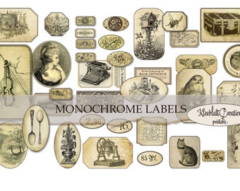 MONOCHROME LABELS, Embellishments, Junk Journal Digital Stickers, Bullet Stickers, Collage Elements, Fussy Cut, Collage Sheet, DIY