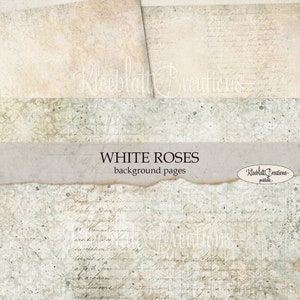 Peut inclure: Quatre papiers num&eacute;riques de fond avec un motif floral blanc, du texte manuscrit et un aspect vieilli et d&eacute;t&eacute;rior&eacute;. Le texte indique "White Roses background pages" et "Kleeblatt Creations - printables".