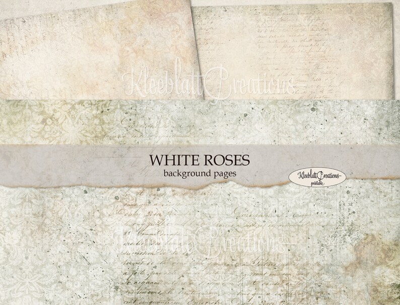 Peut inclure: Quatre papiers num&eacute;riques de fond avec un motif floral blanc, du texte manuscrit et un aspect vieilli et d&eacute;t&eacute;rior&eacute;. Le texte indique "White Roses background pages" et "Kleeblatt Creations - printables".