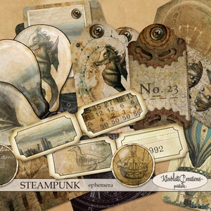 Efemerydy STEAMPUNK z unikalnymi ilustracjami, ozdoby do notesów pamiętników JunkJournal, papier do scrapbookingu, papier cyfrowy