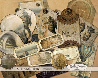 STEAMPUNK ephemera with unique illustrations, embellishments for junk journal journals notebooks, scrapbook paper, digital paper