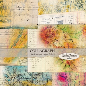 Collagraph, Junk Journal Pages, Gelli Print and Ledger Paper, Collage Papers, Scrapbook, Digital Download, US Letter 8.5x11