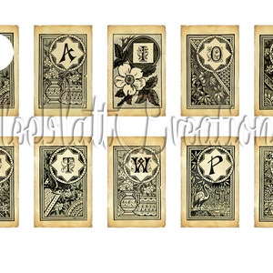 May include: Ten vintage alphabet cards with a decorative border and a letter in the center of each card. The letters are A, I, O, L, T, T, W, P, and A.
