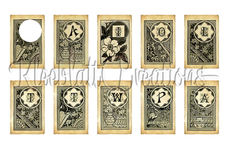 May include: Ten vintage alphabet cards with a decorative border and a letter in the center of each card. The letters are A, I, O, L, T, T, W, P, and A.