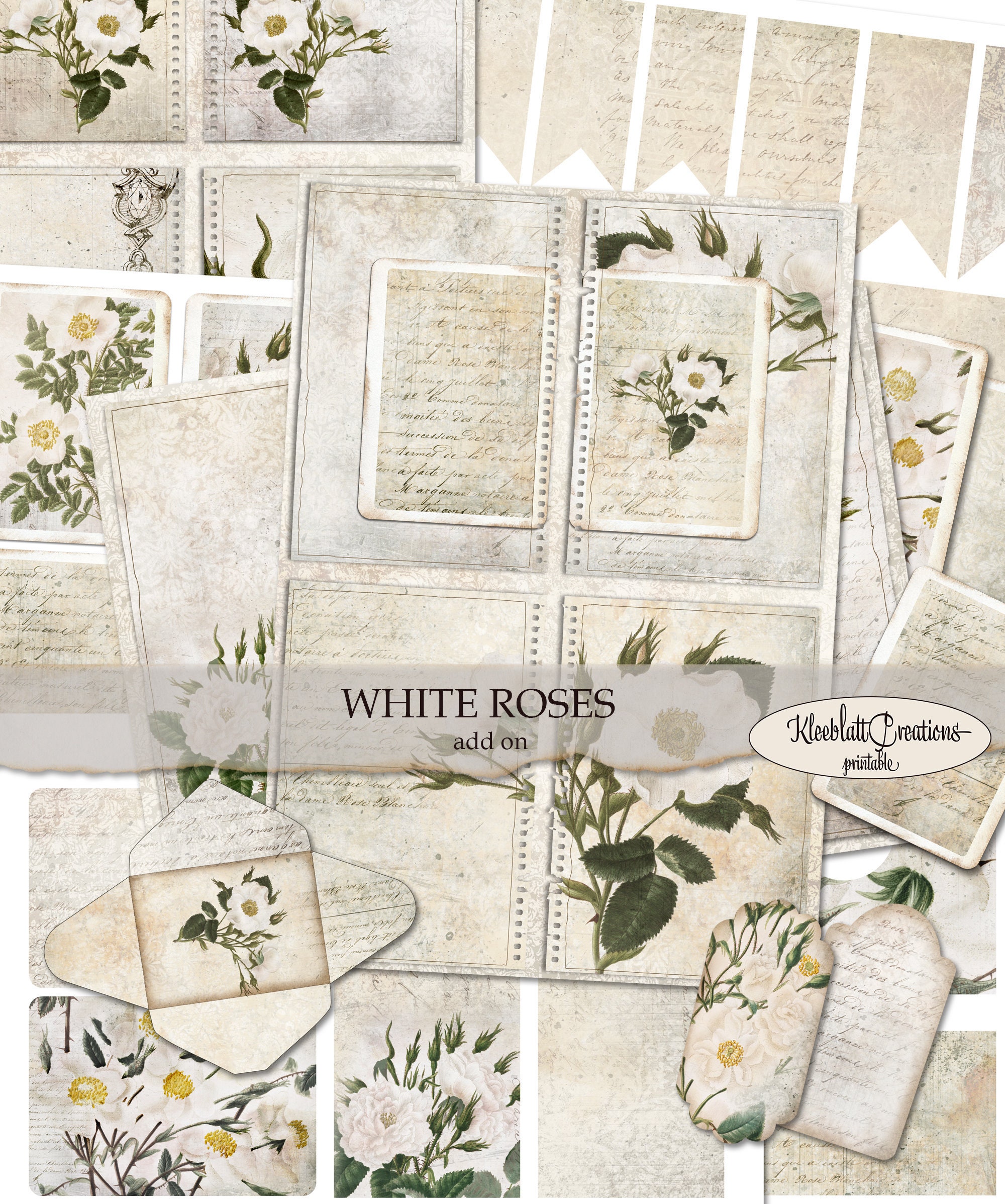 WHITE ROSES Add On, Junk Journal Elements, Embellishments, Printable Elements, Roses Digital, Ephemera, Supplies