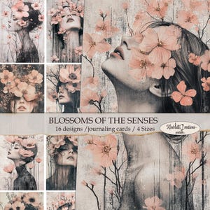 Papel de design digital BLOSSOMS Of The SENSES, itens efêmeros para impressão, enfeites. Cartões de diário, cartões de diário de lixo, scrapbooking, 4 tamanhos