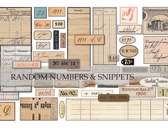 May include: A collection of vintage-style paper ephemera with handwritten numbers, dates, and text. The ephemera includes tags, labels, and tickets with various numbers, dates, and text, such as "1932 C.D.", "No. 406 14", "March 10th, 1883", and "July 9th, 1872".