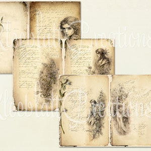 Puede incluir: Seis p&aacute;ginas de diario de estilo vintage con texto escrito a mano y bocetos de flores y mujeres. Las p&aacute;ginas tienen un aspecto desgastado y envejecido.