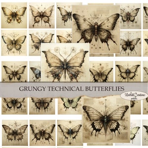 Grungy TECHNICAL BUTTERFLIES, Printable vintage Ephemera, Steampunk Cards, Collage & Junk Journal Elements, Digital Paper, Paper Craf