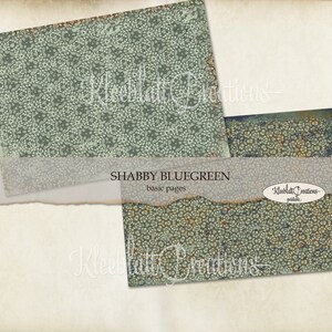 May include: Two digital paper backgrounds with a blue-green and gold floral pattern. The text "Shabby Bluegreen basic pages" is printed on the image.